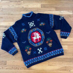 Vintage Angora/Wool Blue Reindeer Holiday Sweater (Rafaella) - Women's 2XL
